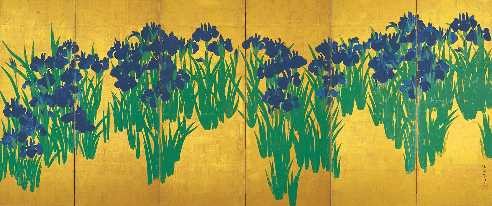 Here is Ogata Korin’s “Irises”. Only three colors were used on gold-foiled paper.